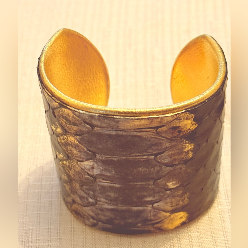 LEMA J Textured Metallic Snake-Scale Leather Cuff Bracelet in Black & Gold